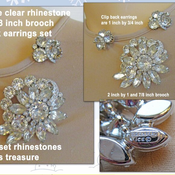 Eisenberg Ice clear rhinestone 2 x 1 and 7/8 brooch & clip back earrings, 1950's - Picture 6 of 14